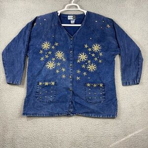 Vintage Club Z Women's Blue Denim Button-Down Jacket with Gold Star Embroidery